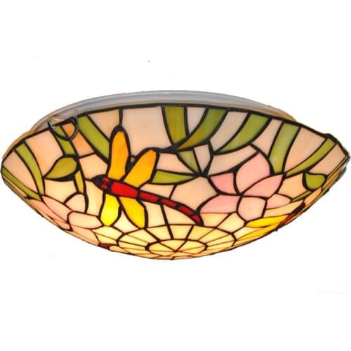 16" Tiffany Style Stained Glass Dragonfly Ceiling Lamp 3 Lights European Vintage Dining Room Bedroom Flush Mount Light Lighting