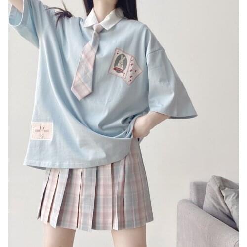 2021 New Spring Summer Women T-shirt Polo collar Sweet Preppy style Cute rabbit cartoon print Japan style blue thin female tops