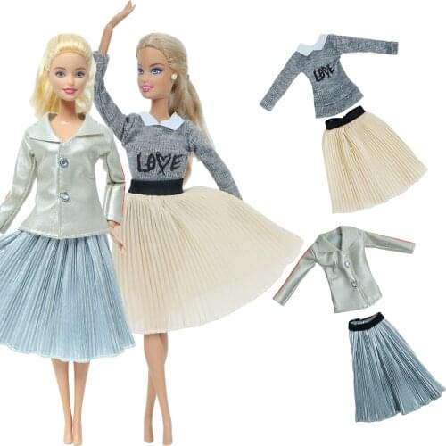 4 Pcs/Set High Quality Doll Outfit 2 Shirt Coat + 2 Pleated Skirt Grey Dress Daily Wear Clothes for Barbie Doll Accessories Toy