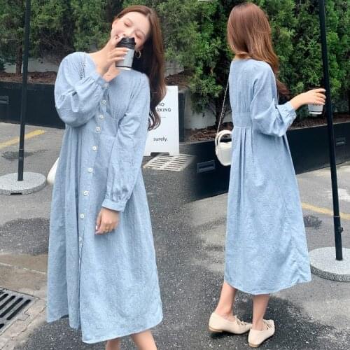 795 2021 Autumn Korean Fashion French Street Style Maternity Long Dress V neck Loose Clothes for Pregnant Women Casual Pregnancy