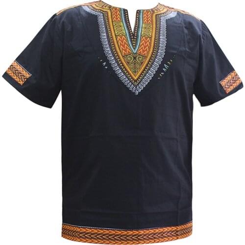 Dashikiage African Dashiki Traditional Print Short Sleeve V-Neck Fashion Bohe Men Top-Shirt