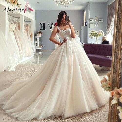 Alagirls Ball Gown Wedding Dress Crystal Beaded Wedding Party Dress Pleat Spaghetti Strap Wedding Dresses 2021 Bridal Gown
