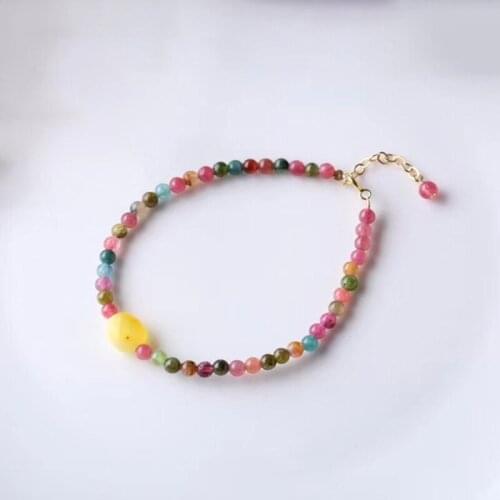 Colorful Tourmaline Natural Stone Bracelets Round Beads Tourmaline With Yellow Crystal Charm Bracelets for Women Fashion Jewelry