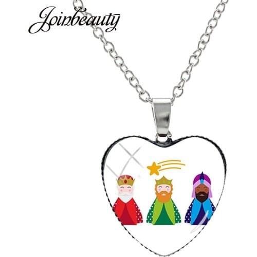JOINBEAUTY KING Three Wise Men Star Necklaces Heart Shape Handmade Glass Cabochon Charms Necklace Long Chain Jewelry TK17