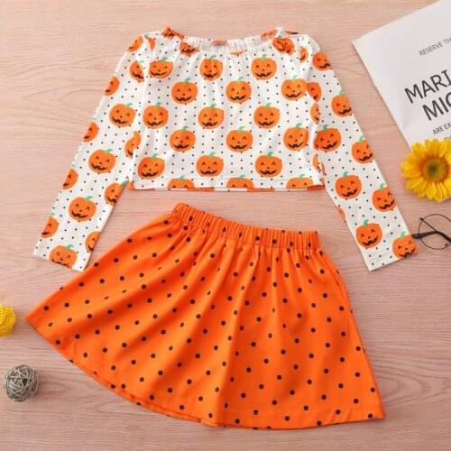 Kids Halloween Outfit, Pumpkin Dots O-Neck Long Sleeves Crop Tops + Elastic Waist Short Skirt for Girls, Orange