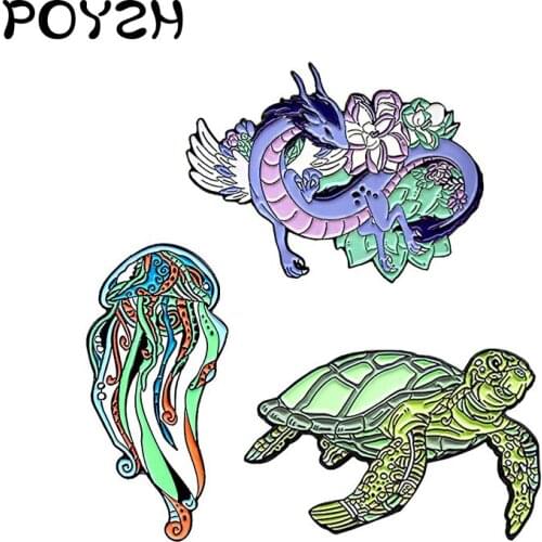Flying dragon with wings Enamel Brooch marine animal sea turtle jellyfish Lapel Pin Fashion creative Badge Custom jewelry