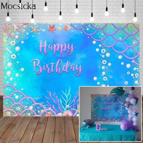 Mermaid Birthday Backdrop Blue Underwater World Photography Background Newborn Kids Backgrounds for Photo Studio Coral Seaweed