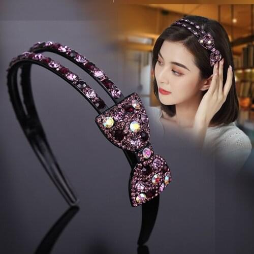 KAJEER Double Row Bow Rhinestone Hairbands Non-slip Bezel Hair Hoop Crystal Headband for Women Hair Bands Ties Hair Accessories