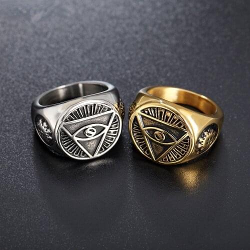 Retro Triangle Omniscient Eye Titanium Steel Ring Classic Mens Punk Hip Hop Ring Eye Pyramid Eye Symbol Cool Ring Birthday Gift