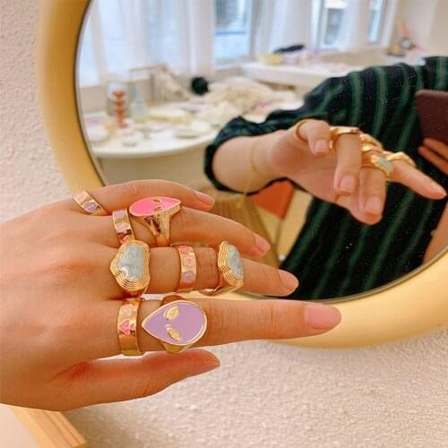 Korean Charms Smiley Heart Flower Rings for Women Metal Star Butterfly Harajuku Vintage Letter Rings Y2k Jewelry 90s Aesthetic