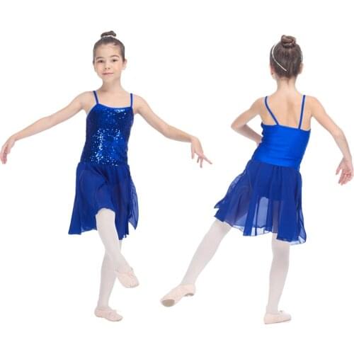 Royal Blue Sequin Nylon/Lycra Leotard Bodice Chiffon Dress Kids Exhibition Suits Performance Costume