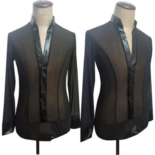 Latin Dance Costume Mens Mesh Latin Tops Long Sleeve Competition Clothing Black Shirts Cha-Cha Rumba Modern Dance Wear DNV14715