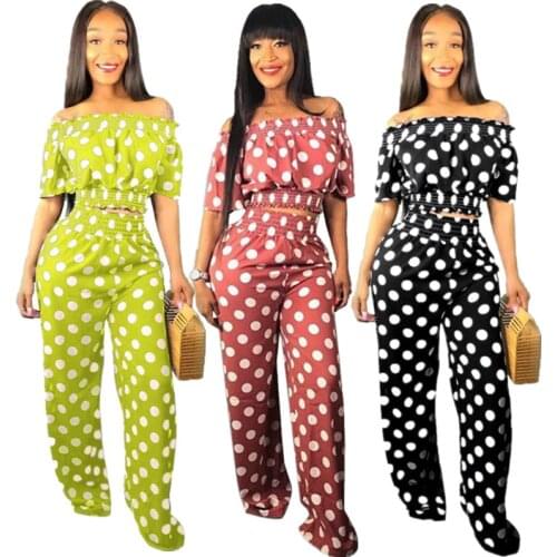 Echoine New Fashion One-neck Polka Dot Suit Two-piece Pullover Off Shoulder Wide-leg Elastic Waist Pants Drop Shipping