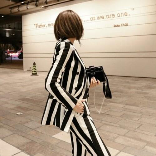 Color Block Striped Blazer Suits 2 Pieces Pant Suits Jacket + Pants 2019 Autumn Shrug Shoulder Double Breasted Slim Blazer Coat