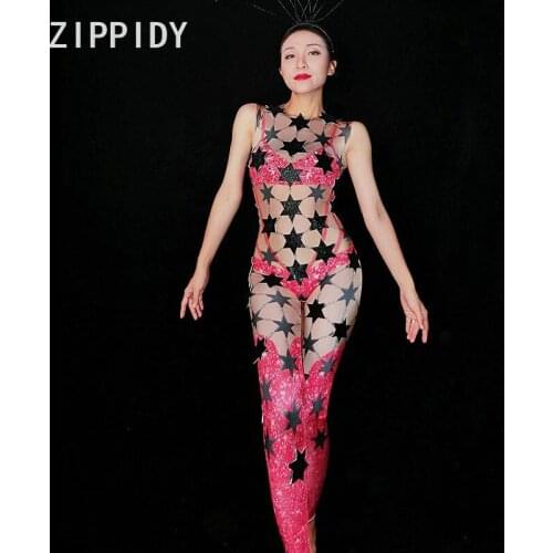 Fashion 2 Colors Star Rhinestones Spandex Sleeveless Jumpsuit Womens Birthday Celebrate Stage Dance Women Singer Show Clothes