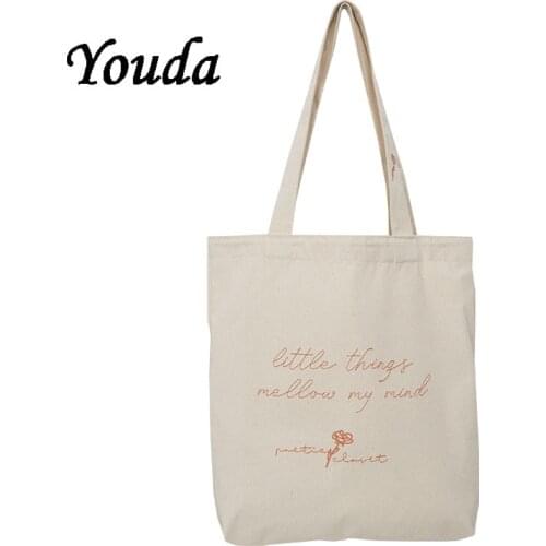 New Womens Canvas Shoulder Bag Student Flower Embroidery Female Handbag Korean Fashion Large Capacity Reusable Shopping Bag