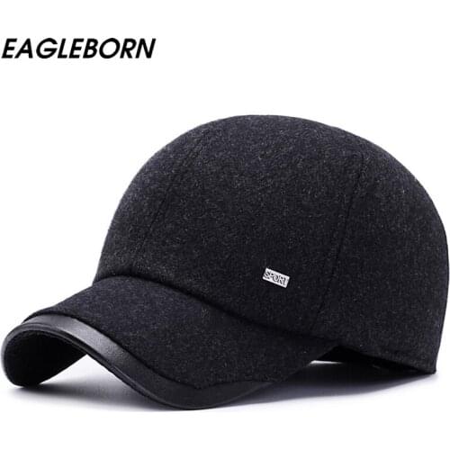 EAGLEBORN 2020 New Winter Snapback Baseball Cap Dad Hat Caps Leisure Felt Wool Cap Ear Adjustable Warm Black Baseball Dad Cap