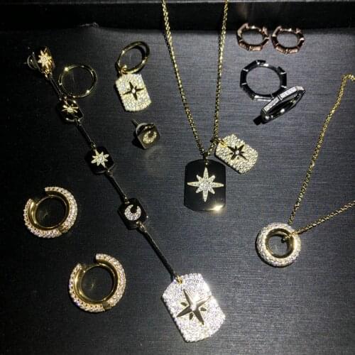 New Meteor Square Inlaid Tag Necklace Earrings Donut Ear Bone Clip Creative Octagonal Earrings Women Wear Silver Jewelry