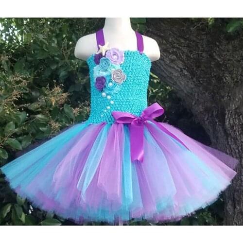 Girls Mermaid Princess Tutu Dress Flower Pearl Purple Blue Fluffy Party Dress Knee Length Kids Seas Ocean Cosplay Costume 1-10Y
