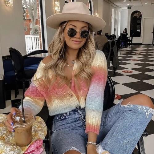 Foridol Rainbow Tie-dyed Knitted Short Cardigan Sweater Women Button Up Casual V Neck Cropped Cardigan Knitwear Sweater Top