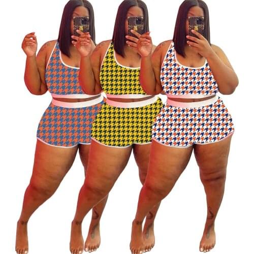 Plus Size Womens Clothing 4xl 5xl Houndstooth Print Two Piece Suit Sleeveless Fit Casual Family Outfits Wholesale Dropshipping