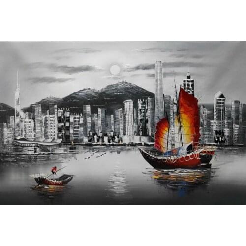 Hand Painted Oil Canvas Painting White and Black Hong Kongs Victoria harbour view Painting Wall Art Pictures for Living Room