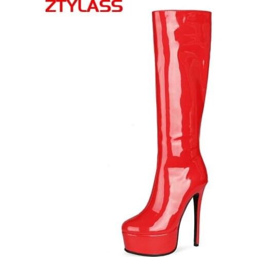 Fashion Patent Leather Knee High Boots 15CM Sexy Super High Heel Boots Platform Womens Boots Autumn Winter Zipper Woman Shoes