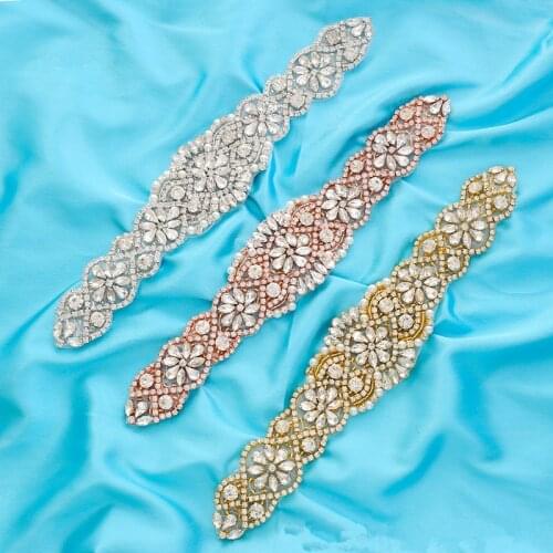 SESTHFAR Rhinestones bridal silver crystal Applique gold patches beaded sew on iron on applique trim for wedding dresses