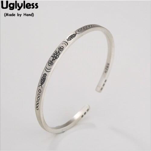 Uglyless 100% Real 925 Sterling Silver Thin Bangles for Women Ethnic Totem Fishes Open Bangle Thai Silver Handmade Fine Jewelry