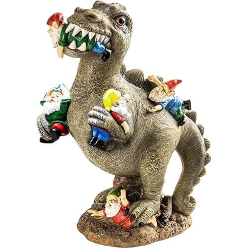 Outdoor Garden Gnomes Sleeping on Dinosaur Statue Beautiful Funny Novelty Gift Dinosour Eating Gnomes Sculpture
