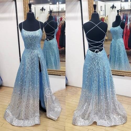 Vestidos de fiesta largos elegantes de gala 2019 Ombre Sparkle Sequins Prom Dresses A Line Sexy Slit & Lace-up Back Custom Made