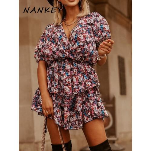 NANKEY Casual Vintage Dress Women Casual Lantern Short Sleeve Dress Ruffles High Waist Floral Dress For Women 2021 Summer Dress