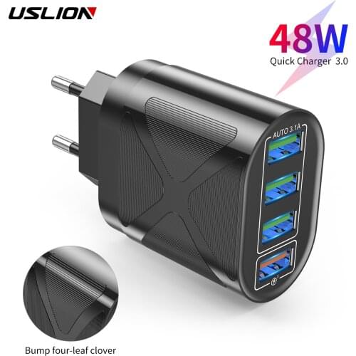 USLION 4Port 48W EU/US/UK Plug USB Charger Quick Charge 3.0 Mobile Phone Charger Fast Wall Chargers For iPhone 12 Pro Max Xiaomi
