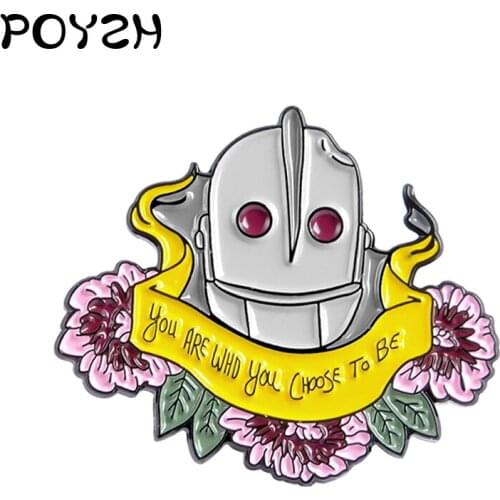 THE IRON GIANT Enamel Brooch Yellow Banner You are who you choose to be Lapel Pin Wreath around Garland flower Fans Badge