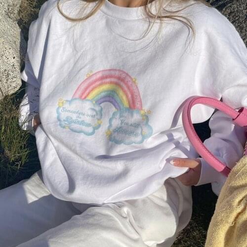 Fashion Rainbow Print White Oversized Sweatshirt Women Cute Harajuku Autumn Sweatshirts Pullover Korean Aesthetic Top