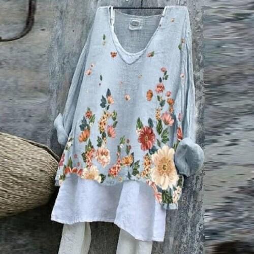 Loose Ladies Pullovers Fashion Vintage Floral Print Two Piece Blouse 2021 Autumn Women Casual O-Neck Long Sleeve Streetwear Tops