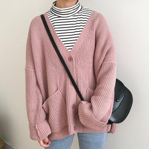 Korean Loose Solid Sweater Coat Women Single Row Button Knit Cardigan Womens Sweater Loose Casual Mid-Length Woman Top Clothes