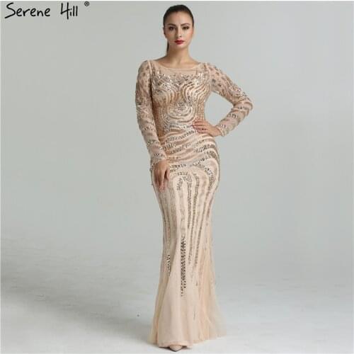Sexy Sheer Long Sleeve Glitter Mermaid Evening Dresses Illusion Back Formal Dress Floor Length Dubai Robe De Soiree BLA6405