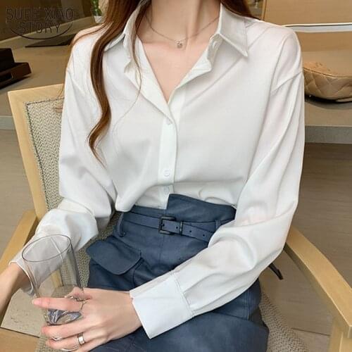2021 Spring Loose Chiffon Shirts Autumn Long Sleeve Womens Blouse Polo Solid Color Bottom Shirt Woman Fashion Clothes 12656