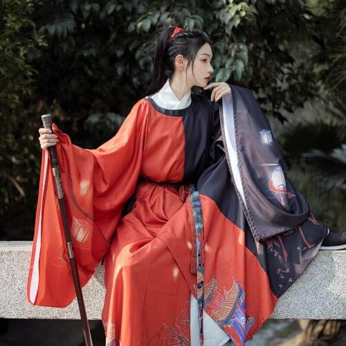 2021 ancient style chinese hanfu costume couples traditional hanfu round collar printing design unisex hanfu cosplay costume