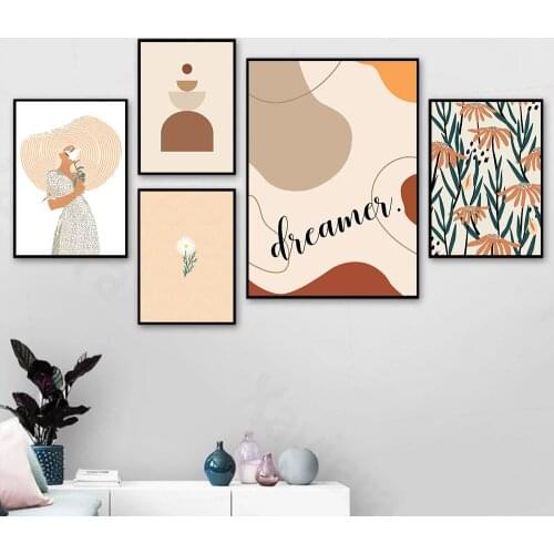 Abstract Female Canvas Poster Daisy Flower Painting Geometry Line Wall Art Print Boho Posters Wall Pictures Living Room Decor
