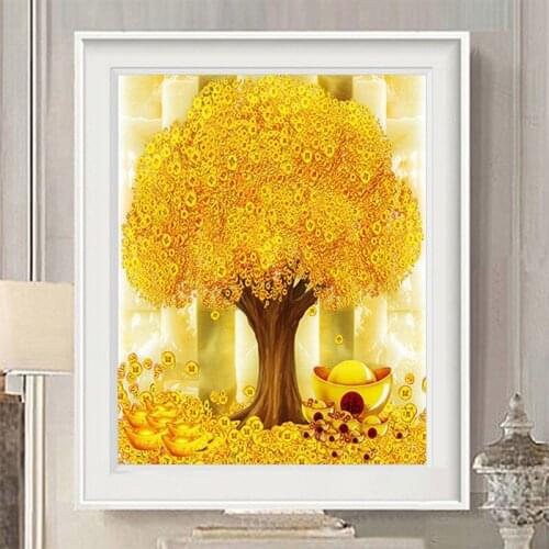 5d diy diamond painting full round new arrivals vertical version of gold tree stick drill cross stitch diamond embroidery