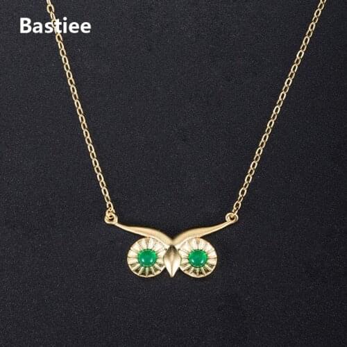 Bastiee Owl Necklace Pendant Green Chalcedony Silver 925 Jewelry For Women Flower Link Chain Chinese Vintage Gold Plated