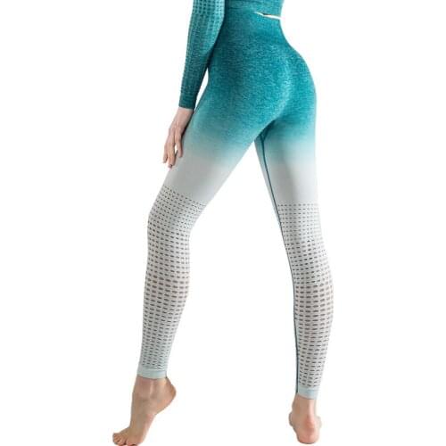 Seamless Yoga Pants Womens High Waist Hip Lifting Tight Pants Hollow Out Gradients Quick Dry Running Exercise Fitness Leggings