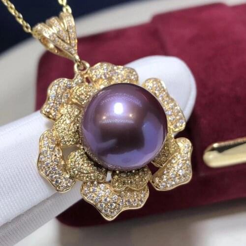 D113 Fine Pearls Pendants 15-14mm 18K Gold Natural Fresh Water Purple Pearls Pendants Necklaces for Women FIne Pearls Pendants