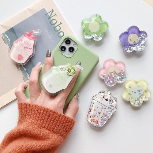 3D Cute Flower Quicksand Phone Holder Grip Tok For iPhone 12 Griptok Phone Grip Ring Mobile Stand Stitch Panda Bracket Support