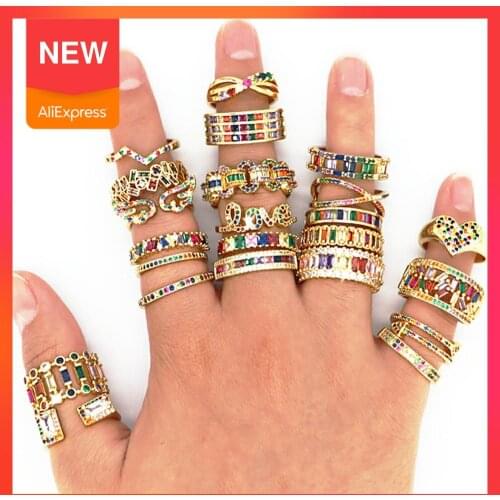 Exquiste Womens cz gold ring zircon adjustable rainbow ring Multicolored crystal heart copper ring gift for girl dropshipping