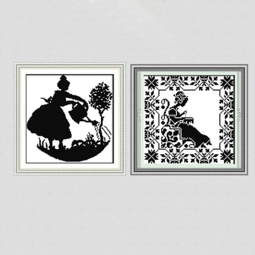 Joy Sunday Princess&Prince Fairy Tale Characters Black and White Painting Patterns Printed on Canvas Cross Stitch Kit Home Decor