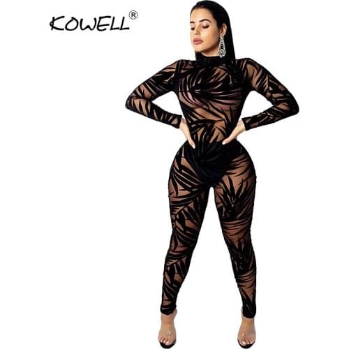 Sexy Women Rompers Bamboo Leaves Print Sexy Mesh Jumpsuit Women Turtleneck Black Skinny Night Club Jumpsuit Perspective Romper