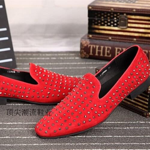 Studded Red Loafers Spring Designer Flats spike Shoes Mens Leather moccasins italian zapatos hombre size12